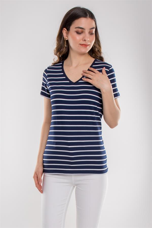 75845 Vyaka Çizgili Basic Pamuklu Kadın Tshirt