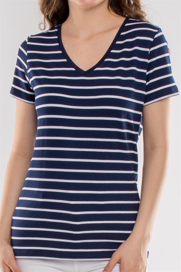 75845 Vyaka Çizgili Basic Pamuklu Kadın Tshirt