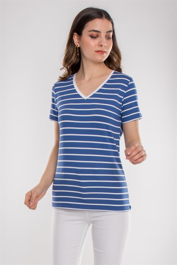 75845 Vyaka Çizgili Basic Pamuklu Kadın Tshirt