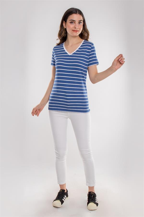 75845 Vyaka Çizgili Basic Pamuklu Kadın Tshirt