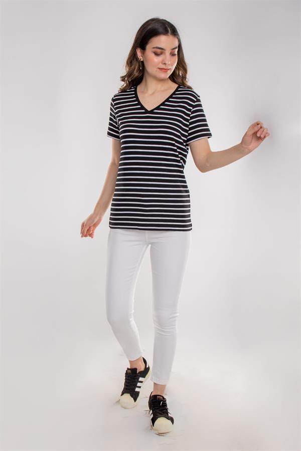 75845 Vyaka Çizgili Basic Pamuklu Kadın Tshirt
