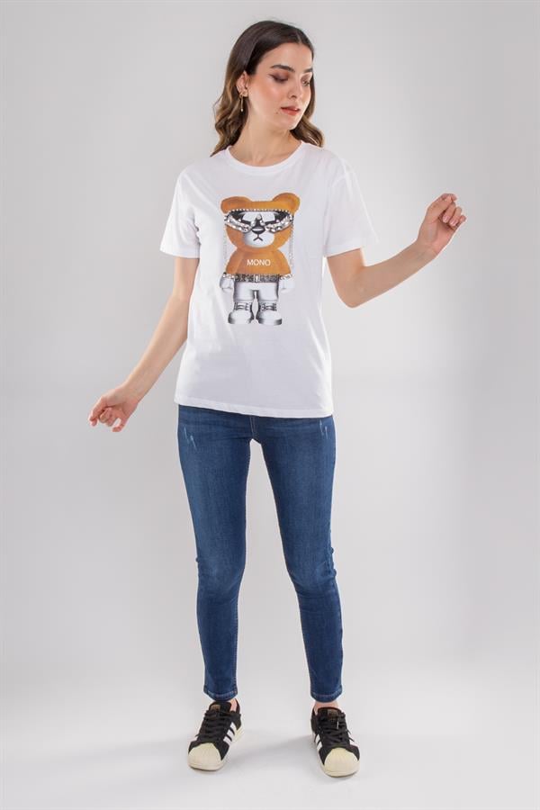 7589 Taşlı Gözlüklü Aylı Kısa Kol Pamuk Kadın Tshirt