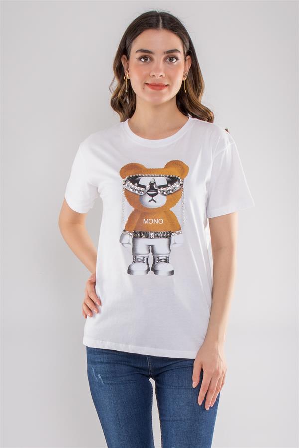 7589 Taşlı Gözlüklü Aylı Kısa Kol Pamuk Kadın Tshirt