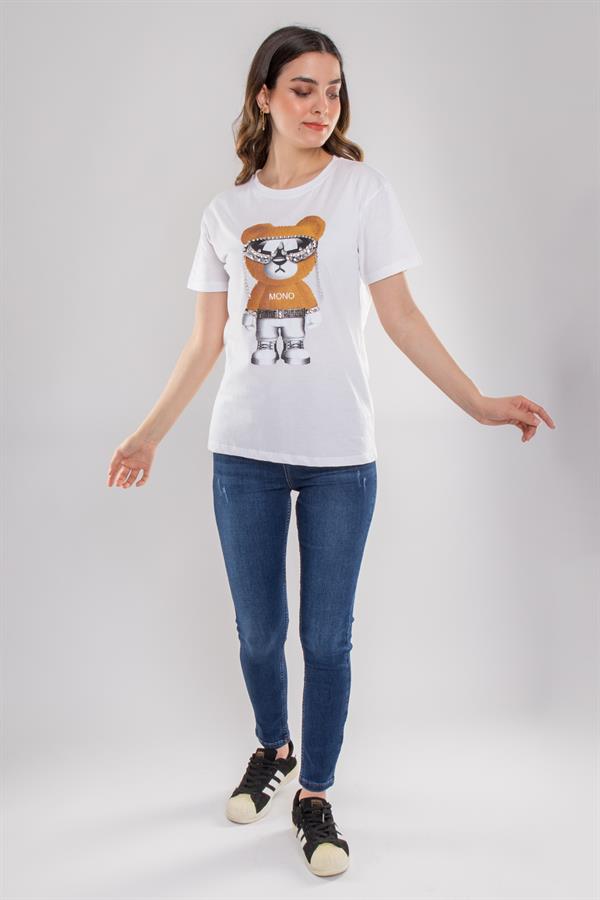 7589 Taşlı Gözlüklü Aylı Kısa Kol Pamuk Kadın Tshirt