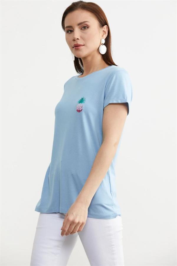 75956 Sıfır Yaka Ananaslı Basic Penye Kısa Kol Tshirt