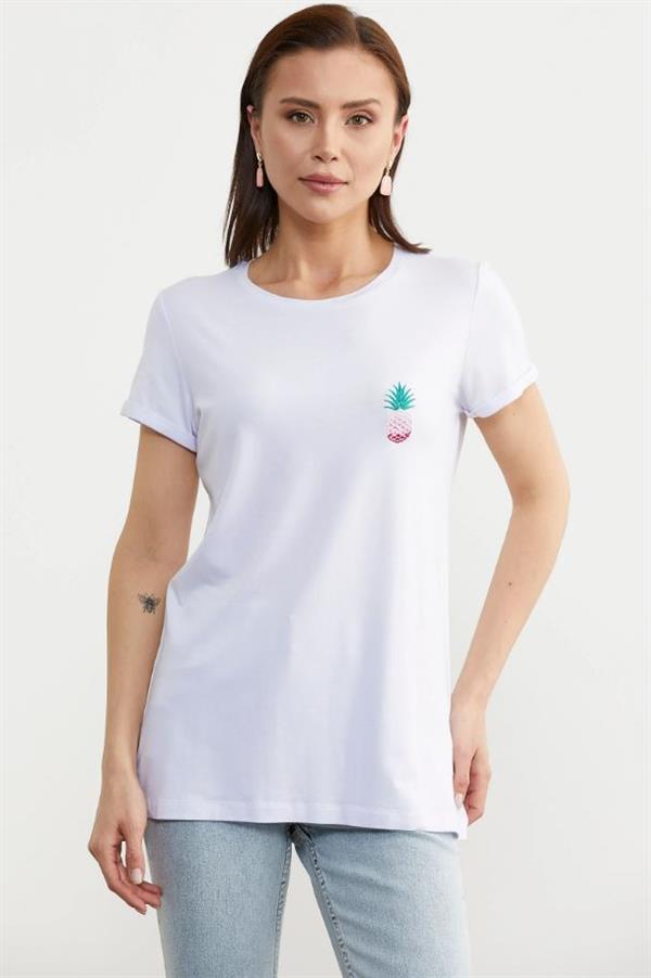 75956 Sıfır Yaka Ananaslı Basic Penye Kısa Kol Tshirt