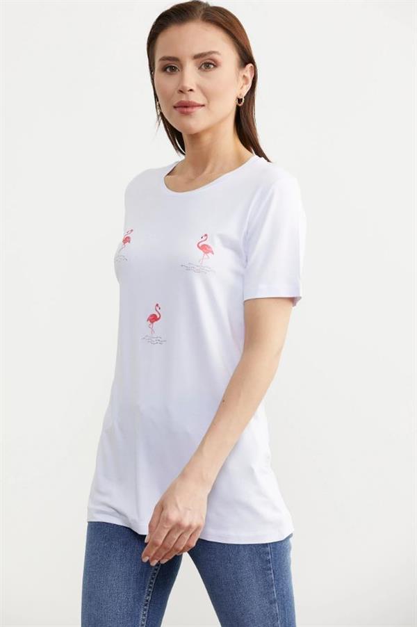 75959 Taş Detay Dökümlü Flamingo Baskı Kısa Kol Penye Tshirt