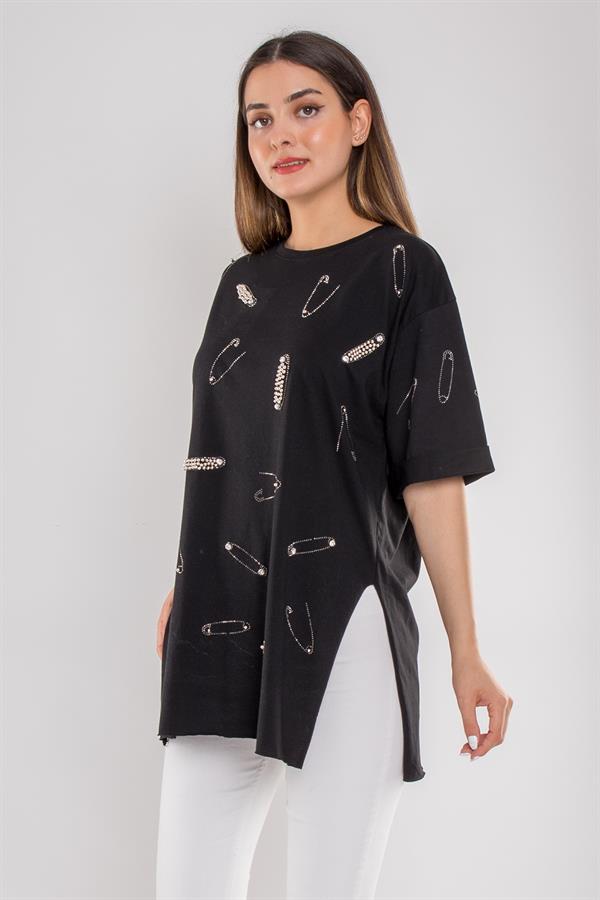 7711 Çengelli İğne Taşlı Bisiklet Yaka Pamuk Tshirt