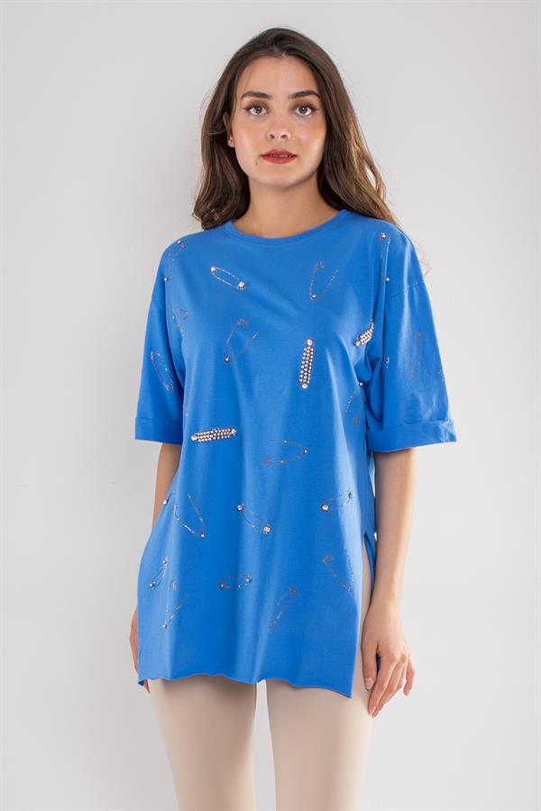 7711 Çengelli İğne Taşlı Bisiklet Yaka Pamuk Tshirt