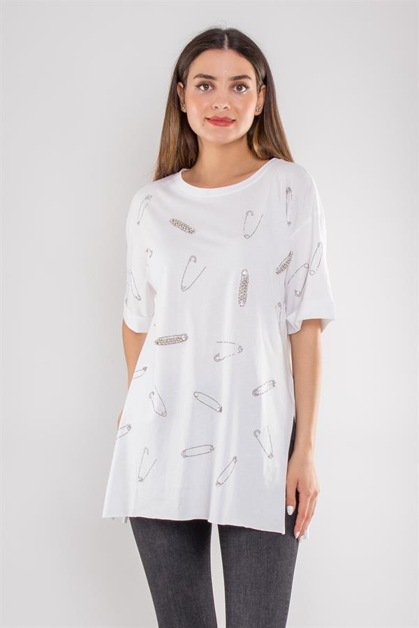 7711 Çengelli İğne Taşlı Bisiklet Yaka Pamuk Tshirt