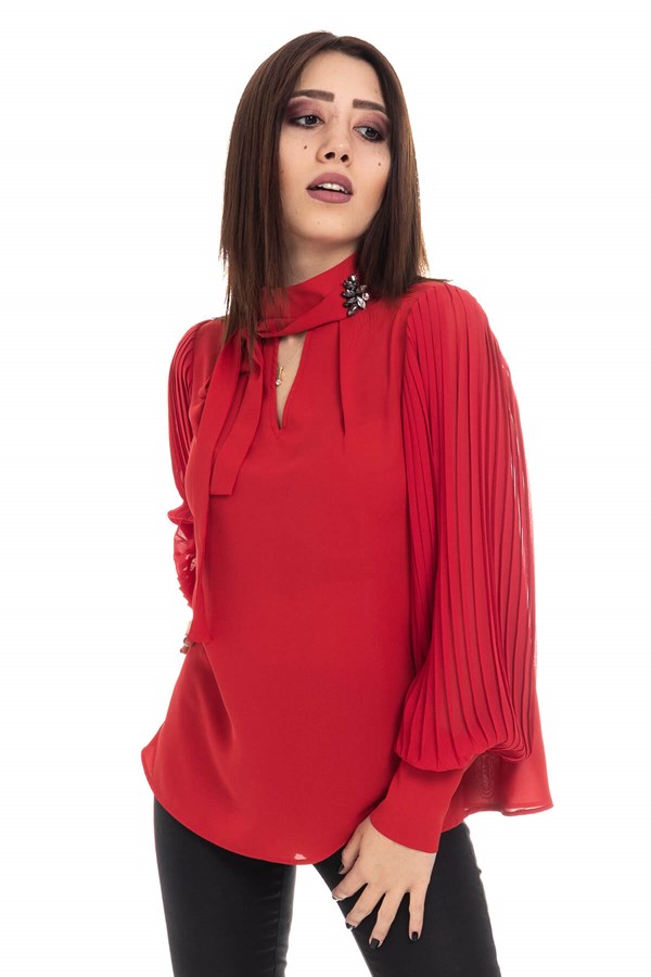 81282 KOLU PİLİSELİ YAKA BAĞCIKLI BLUZ