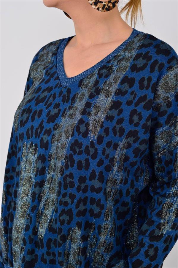 817171 Sim Detay Leopar Desen Vyaka Triko Bluz