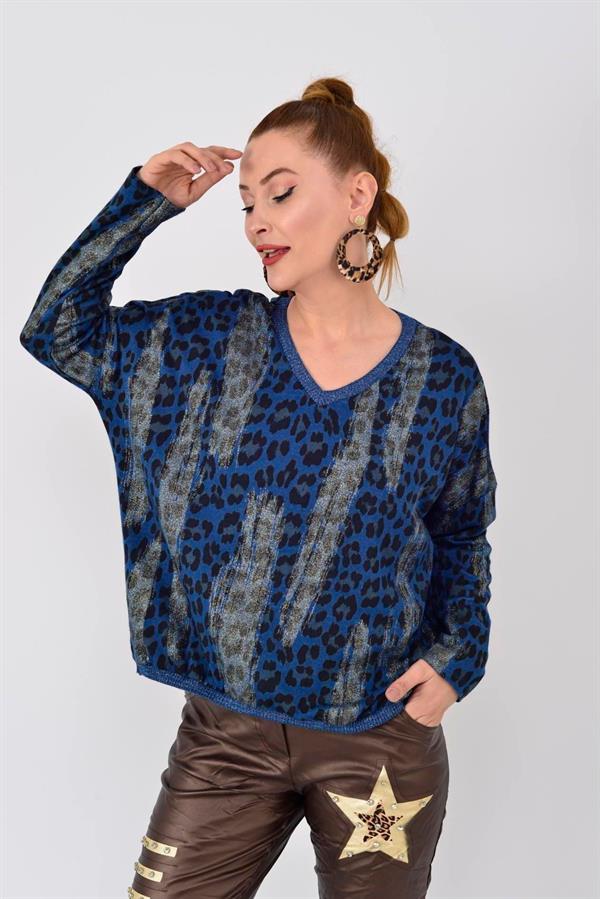 817171 Sim Detay Leopar Desen Vyaka Triko Bluz