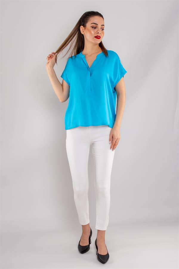 81813 Yakasız Gizli Düğmeli Rayon Kumaş Kadın Bluz