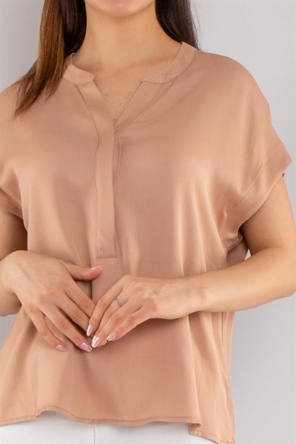 81813 Yakasız Gizli Düğmeli Rayon Kumaş Kadın Bluz