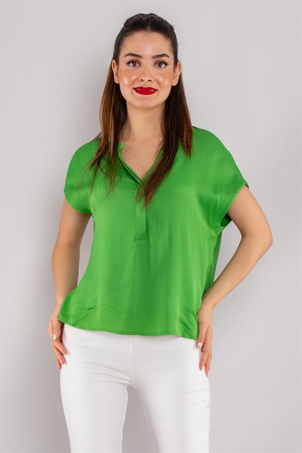 81813 Yakasız Gizli Düğmeli Rayon Kumaş Kadın Bluz