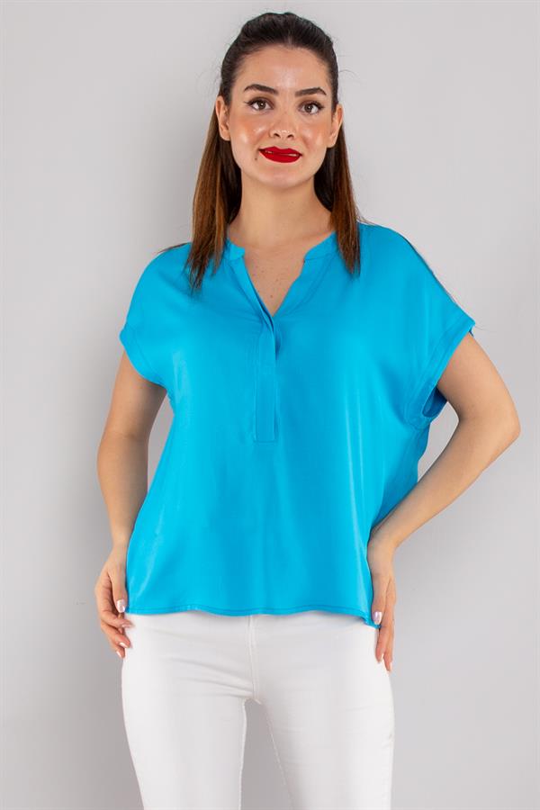 81813 Yakasız Gizli Düğmeli Rayon Kumaş Kadın Bluz