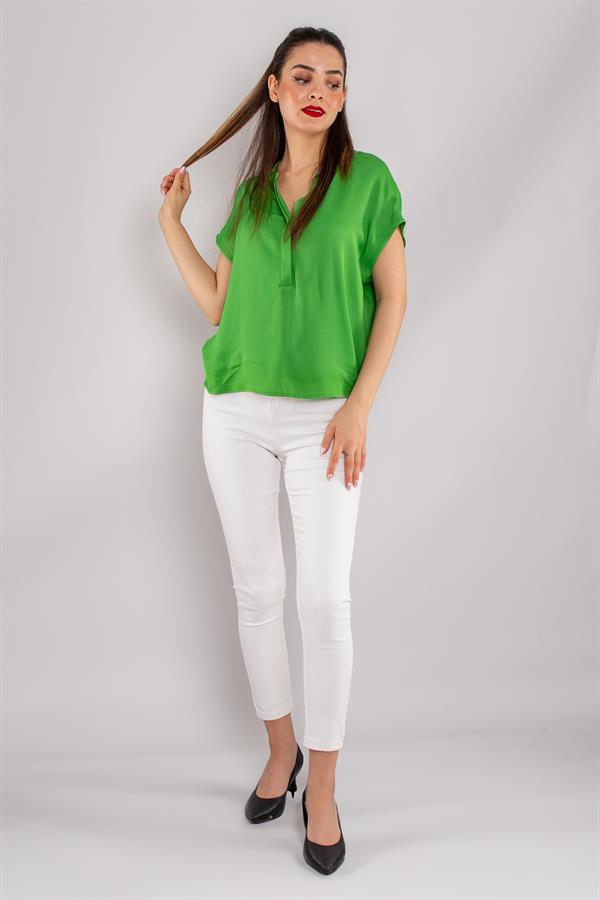 81813 Yakasız Gizli Düğmeli Rayon Kumaş Kadın Bluz