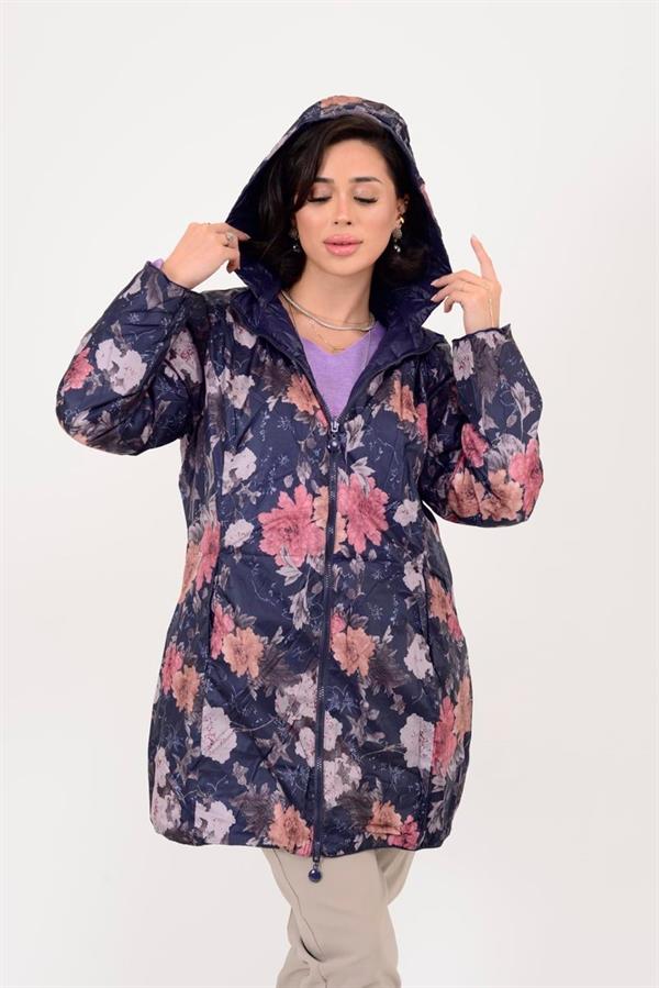 8951 Büyük Beden İçi Çiçek Desenli Çift Taraflı Kapitone Uzun Mont