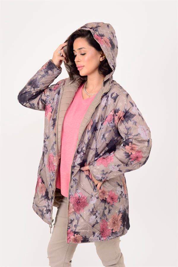 8951 Büyük Beden İçi Çiçek Desenli Çift Taraflı Kapitone Uzun Mont
