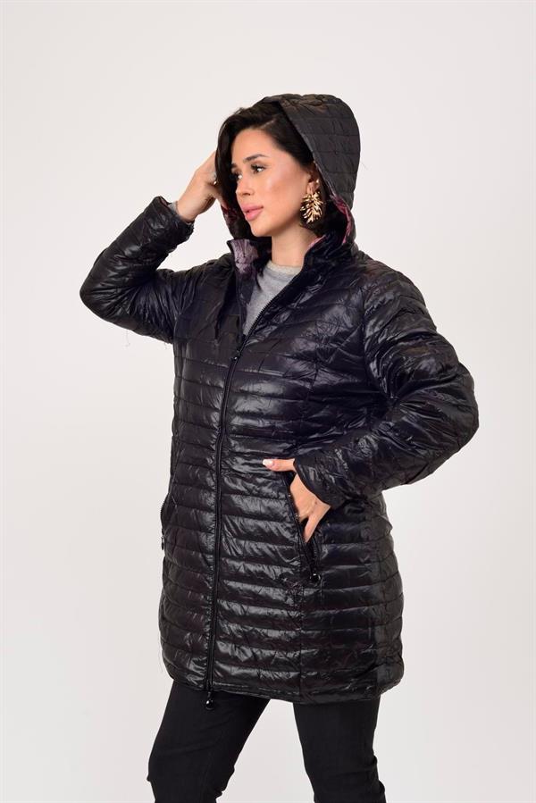 8951 Büyük Beden İçi Çiçek Desenli Çift Taraflı Kapitone Uzun Mont