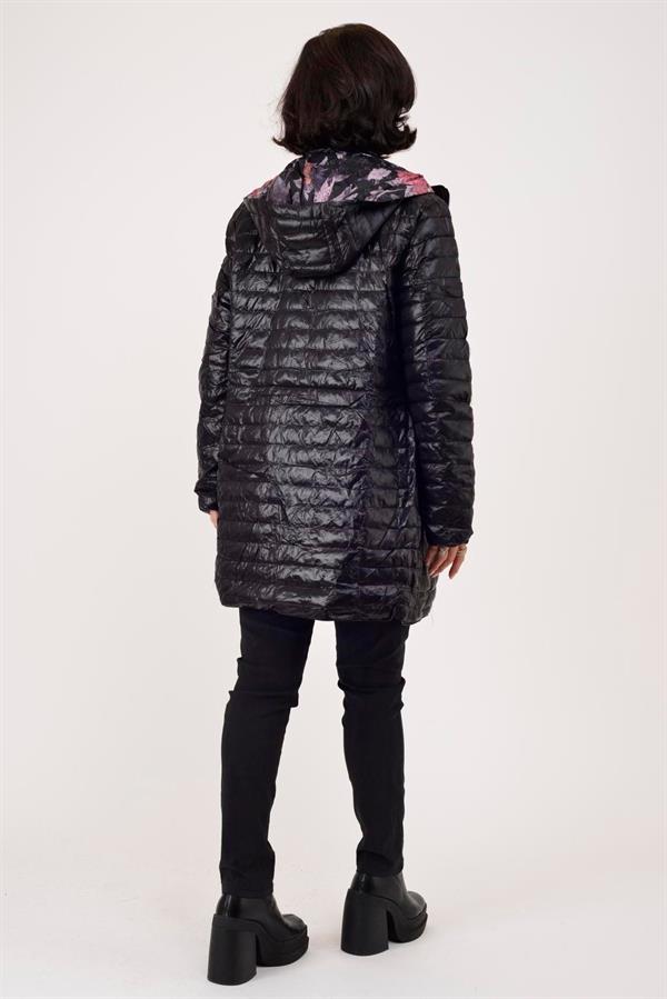 8951 Büyük Beden İçi Çiçek Desenli Çift Taraflı Kapitone Uzun Mont