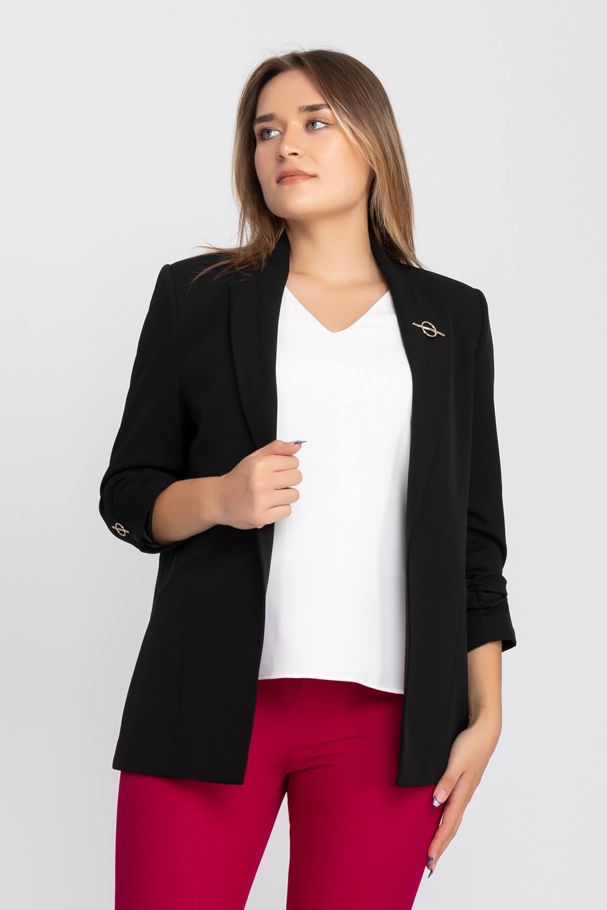 90503 Broşlu Büzgülü Ko Astarlarlı Blazer Ceket