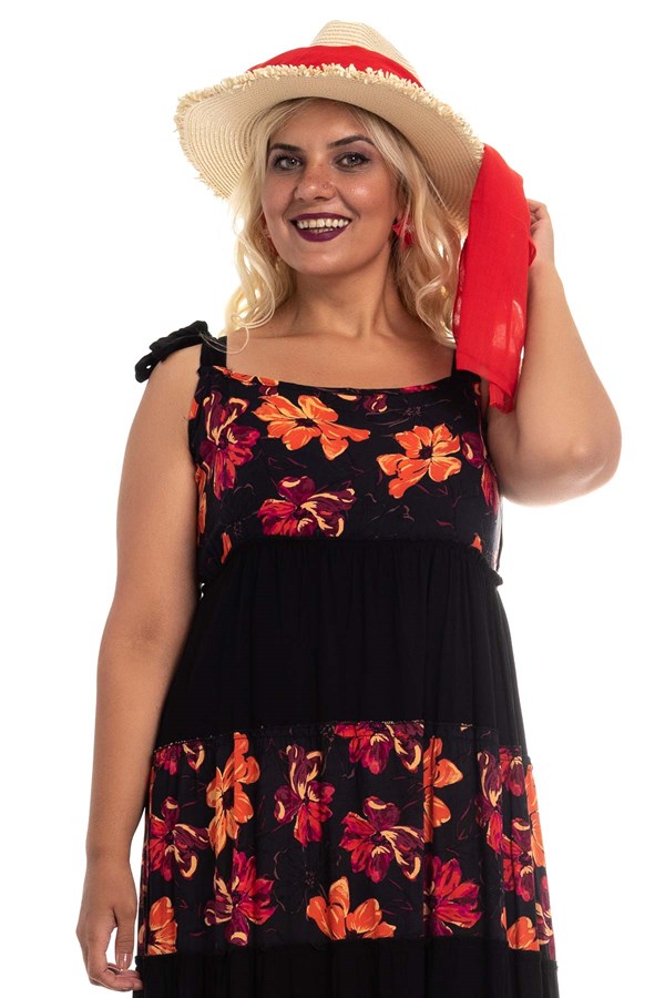 9159-3 Askılı Çiçekli Katkat Viscon Elbise