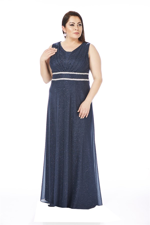 9245 BB Beli Şerit Taşlı Sim Kumaş Uzun Tül Elbise