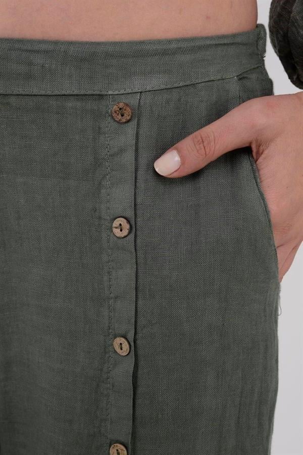 9320 Düğme Detay Düz Keten Pantolon