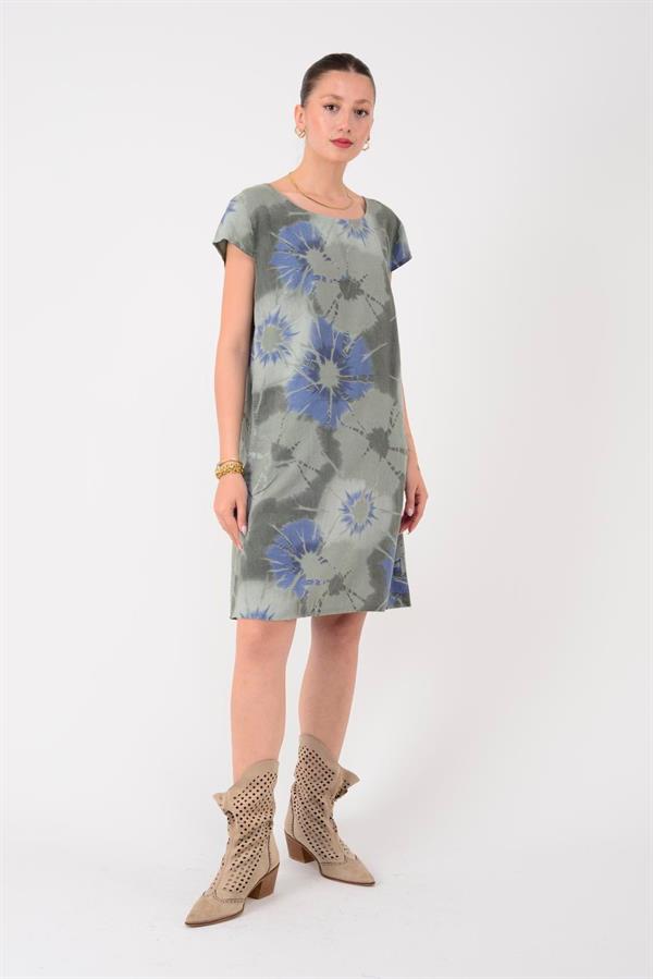 9531 Batik Sarmal Desen Cepli Kısa Kol Keten Elbise