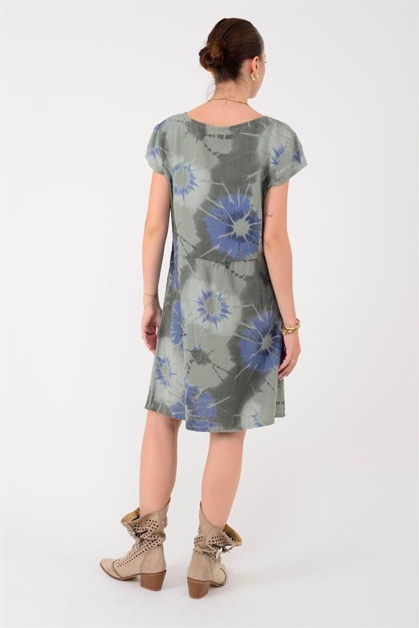 9531 Batik Sarmal Desen Cepli Kısa Kol Keten Elbise