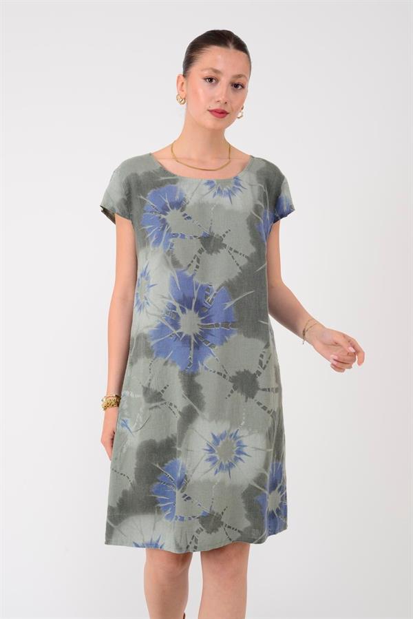 9531 Batik Sarmal Desen Cepli Kısa Kol Keten Elbise