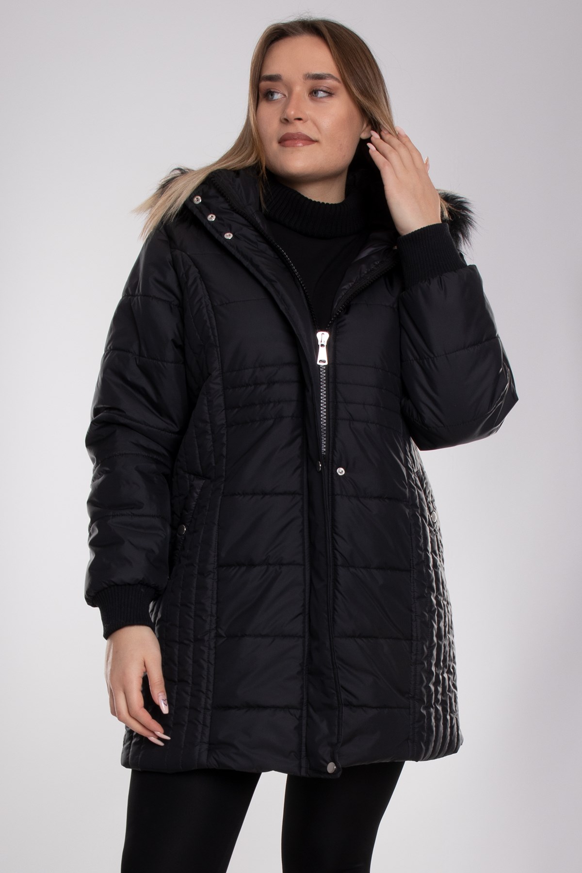 9754 Büyük Beden Kapitone Kapüşonu Kürklü Astarlı Uzun Kadın Mont