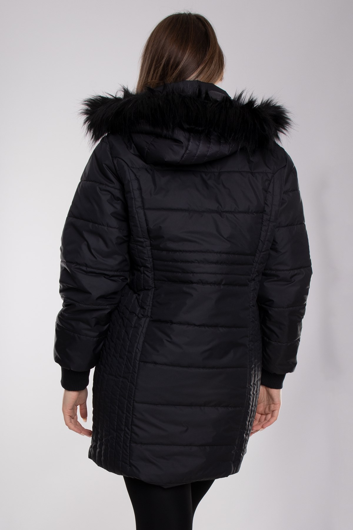 9754 Büyük Beden Kapitone Kapüşonu Kürklü Astarlı Uzun Kadın Mont