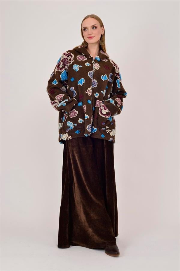 A0056 Yaprak Desen Fermuarlı Keçe Kaban