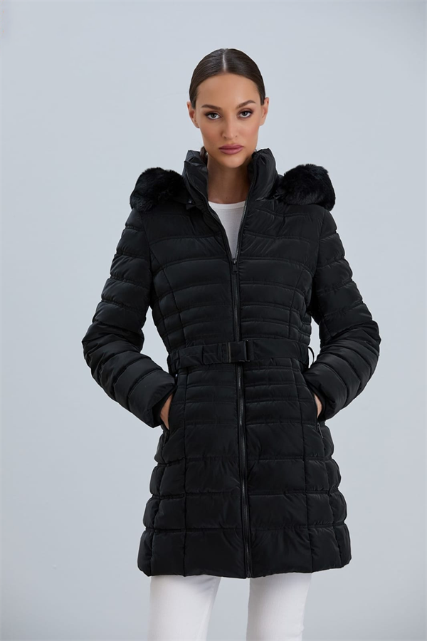 AÇELYA25 Kapüşonlu Kmerli Parlak Uzun Kadın Şişme Mont