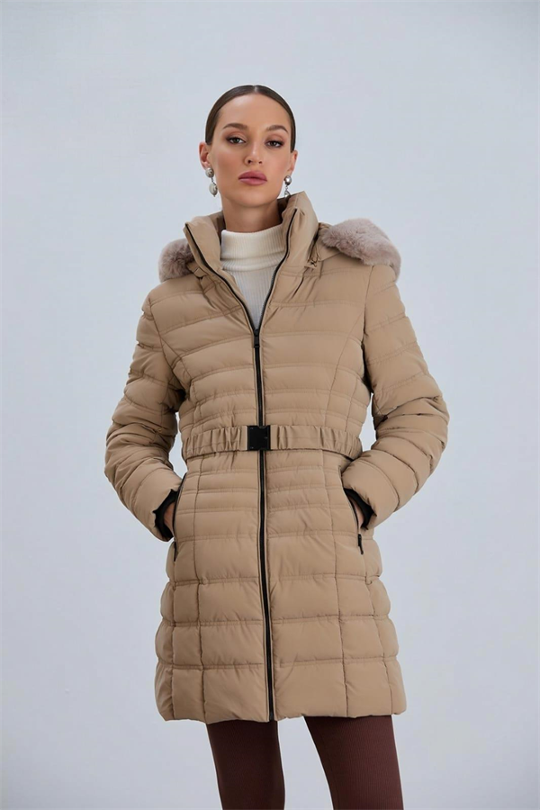 AÇELYA25 Kapüşonlu Kmerli Parlak Uzun Kadın Şişme Mont