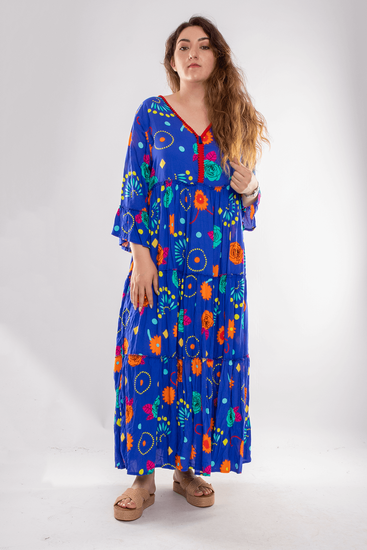 AN178 9749 Çiçek Desen Uzun Boho Pamuklu Elbise