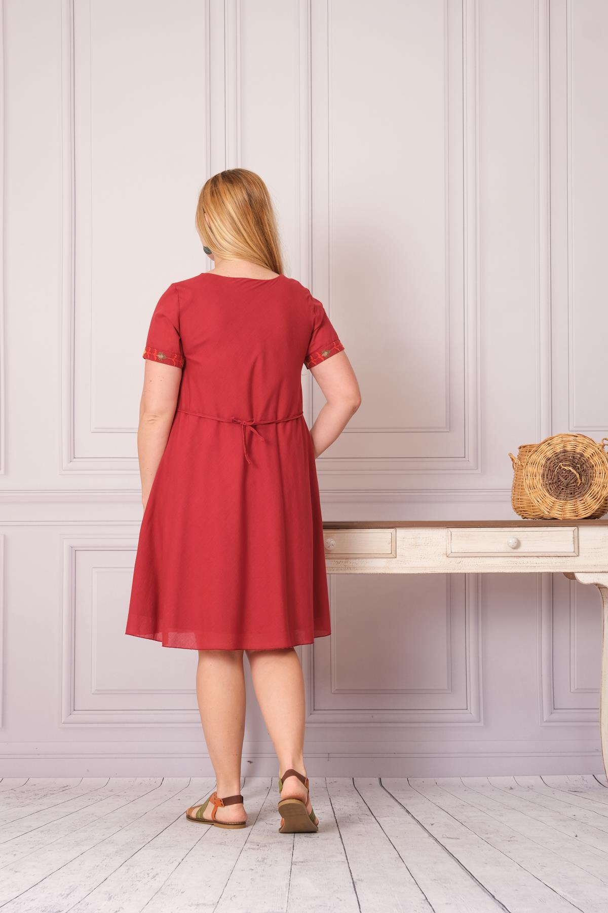 1003 Kanaviçe İşleme Kısa Kol Pamuk Otantik Elbise