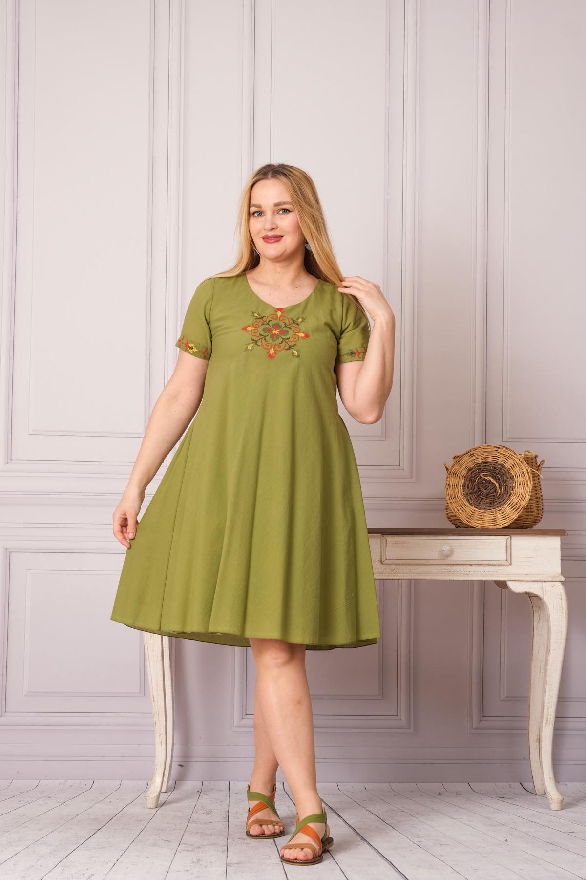 1003 Kanaviçe İşleme Kısa Kol Pamuk Otantik Elbise