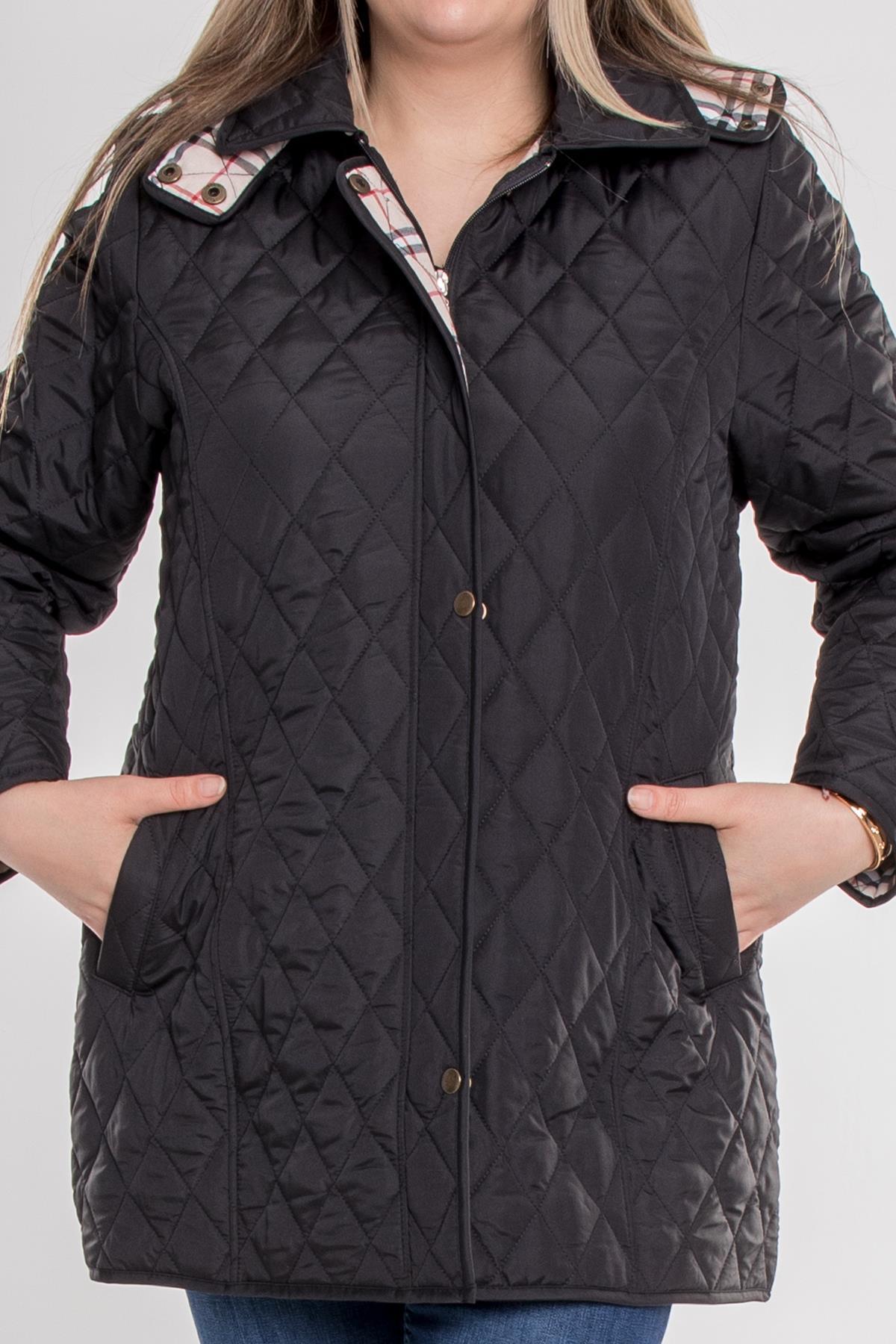 1004 Büyük Beden Kapitone Cep Fermuarlı Kapüşonlu Kadın Trençkot