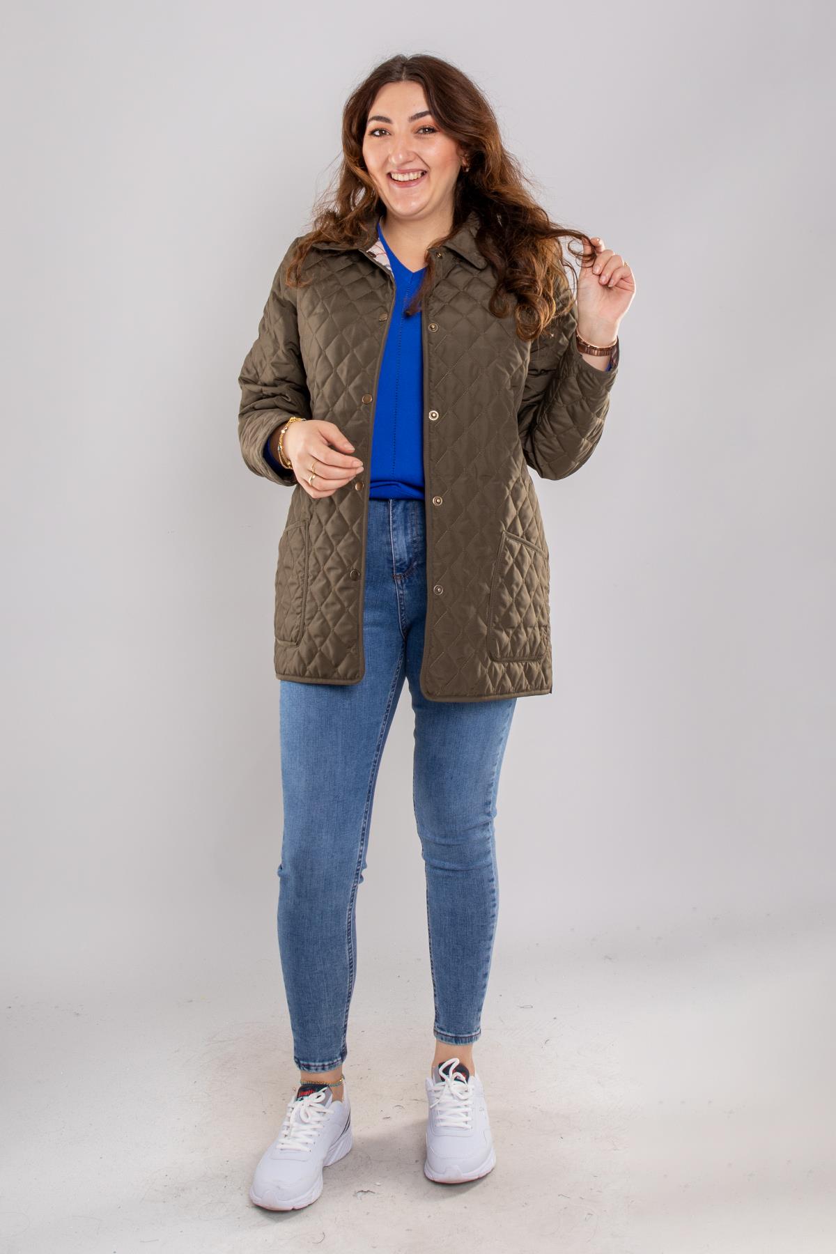 1007 Büyük Beden Baklava Desen Önden Cepli Çıtçıtlı Kadın Mont