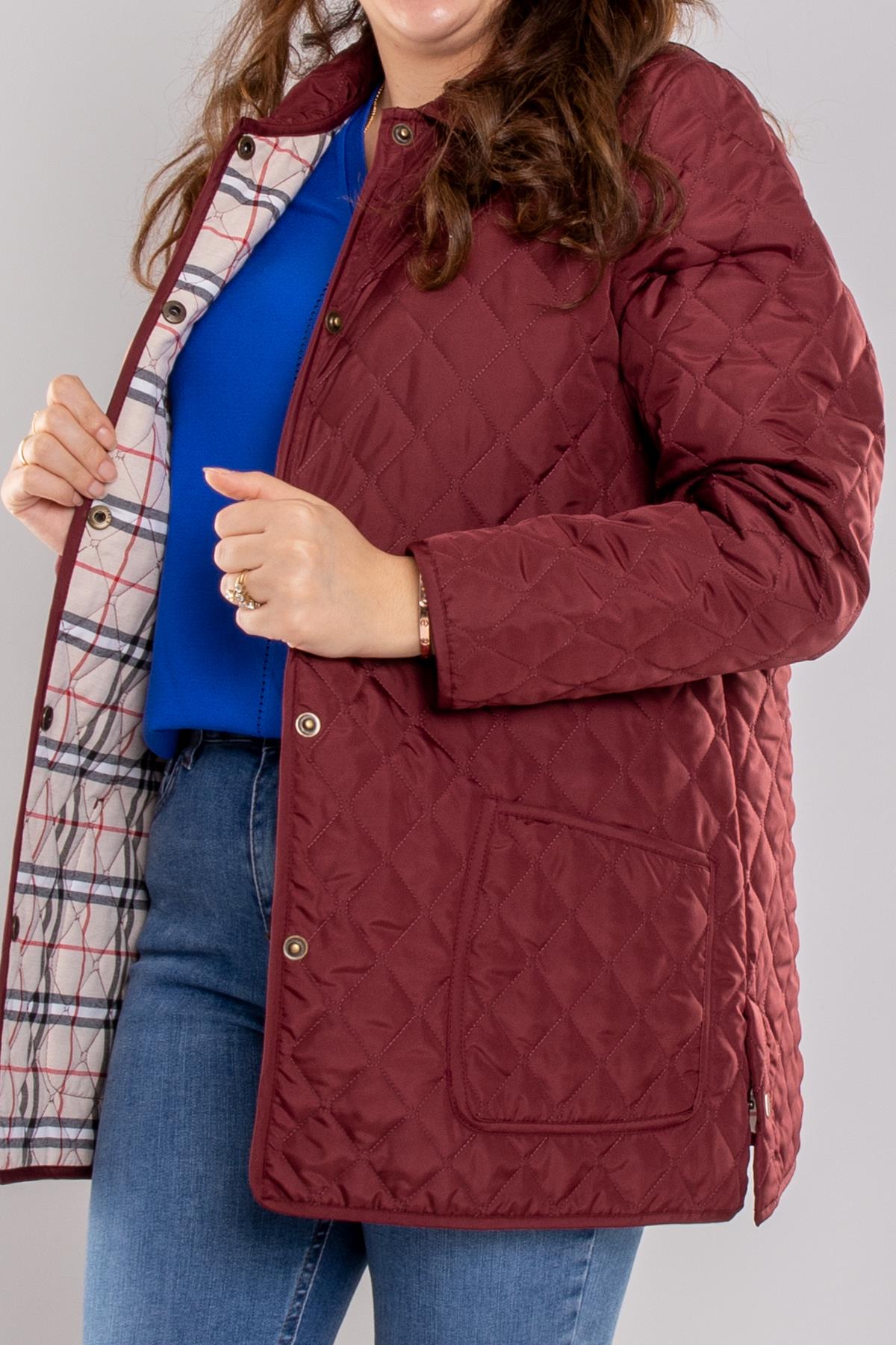 1007 Büyük Beden Baklava Desen Önden Cepli Çıtçıtlı Kadın Mont