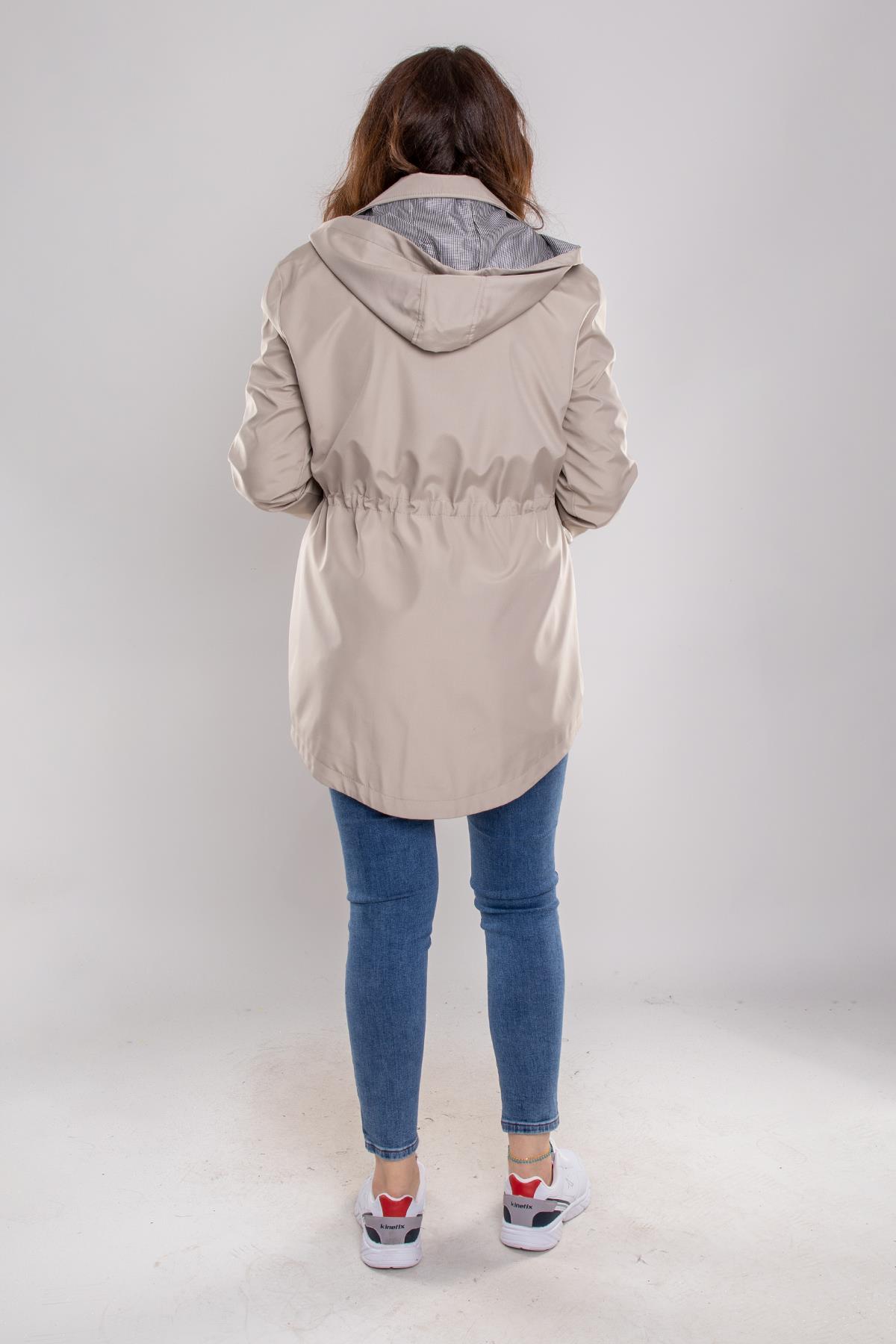 1009 Büyük Beden Kol Katlama Kapüşonlu Beli Bağcıklı Kadın Trençkot