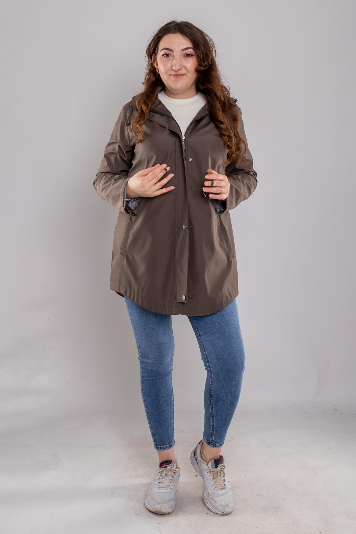 1009 Büyük Beden Kol Katlama Kapüşonlu Beli Bağcıklı Kadın Trençkot