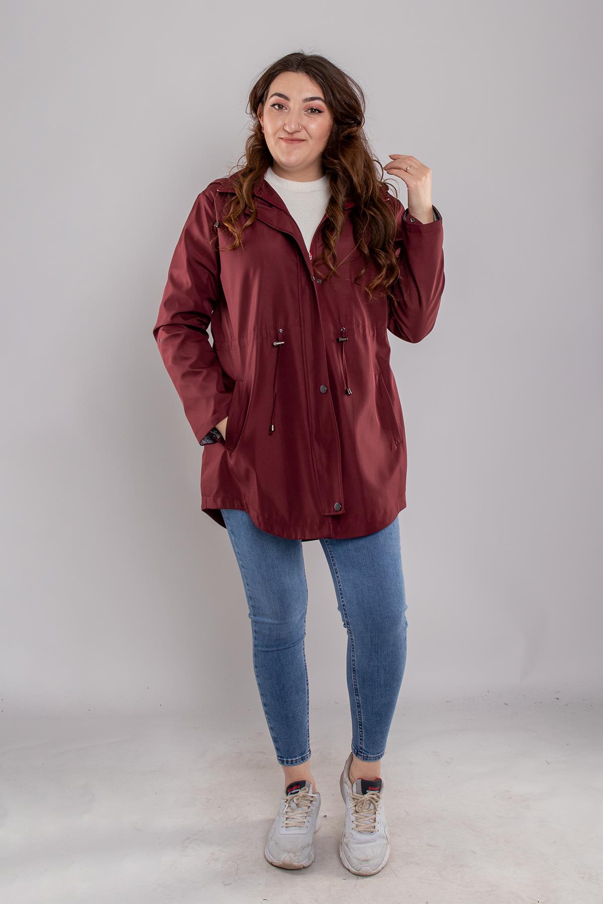 1009 Büyük Beden Kol Katlama Kapüşonlu Beli Bağcıklı Kadın Trençkot