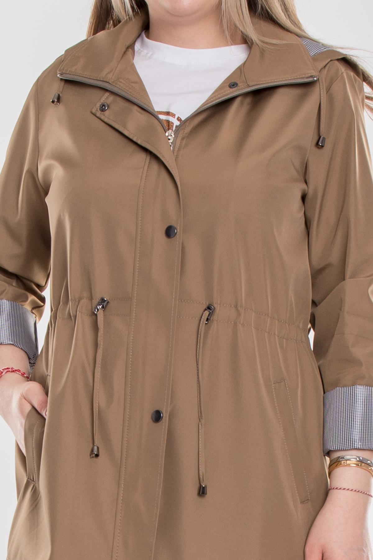 1009 Büyük Beden Kol Katlama Kapüşonlu Beli Bağcıklı Kadın Trençkot