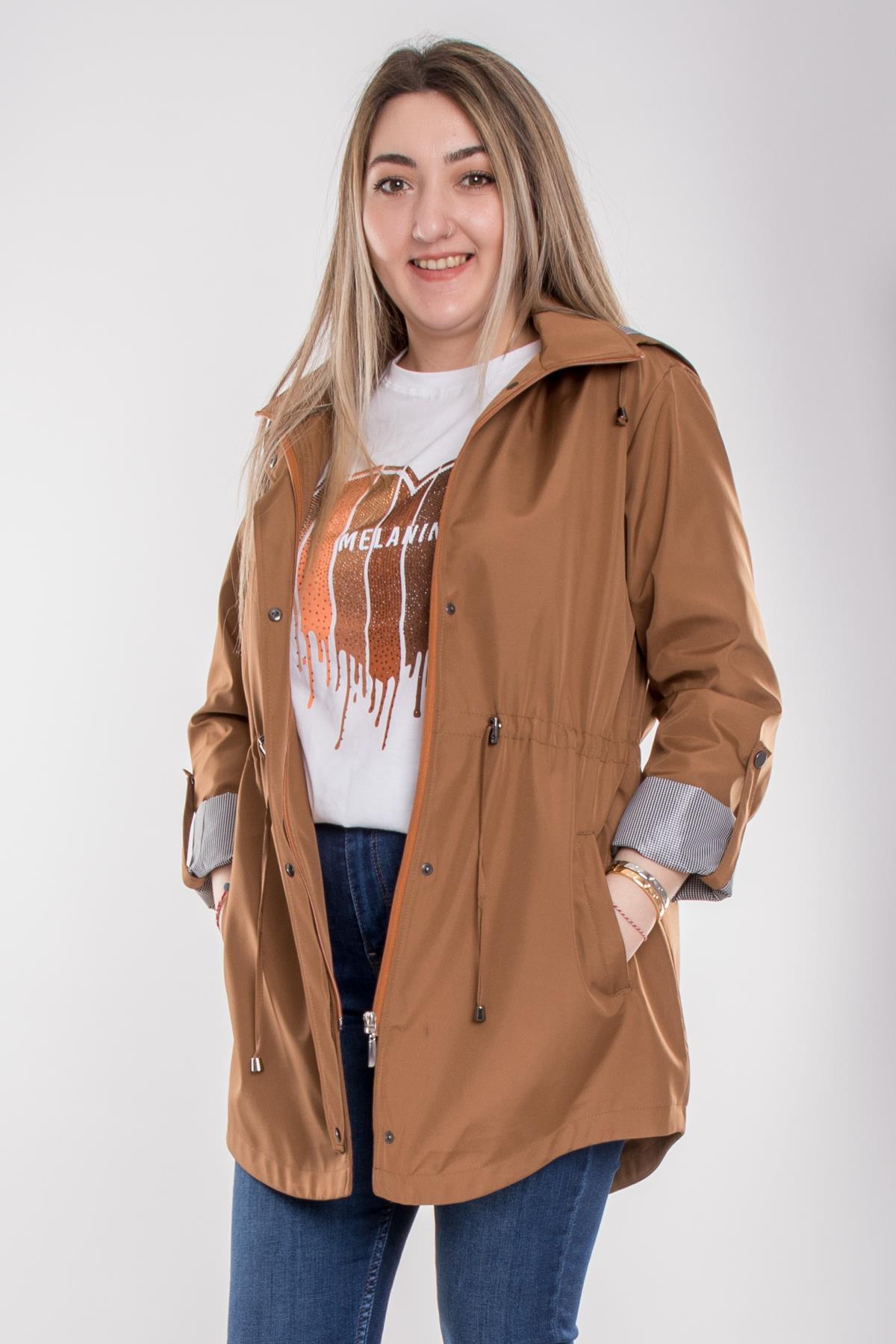 1009 Büyük Beden Kol Katlama Kapüşonlu Beli Bağcıklı Kadın Trençkot