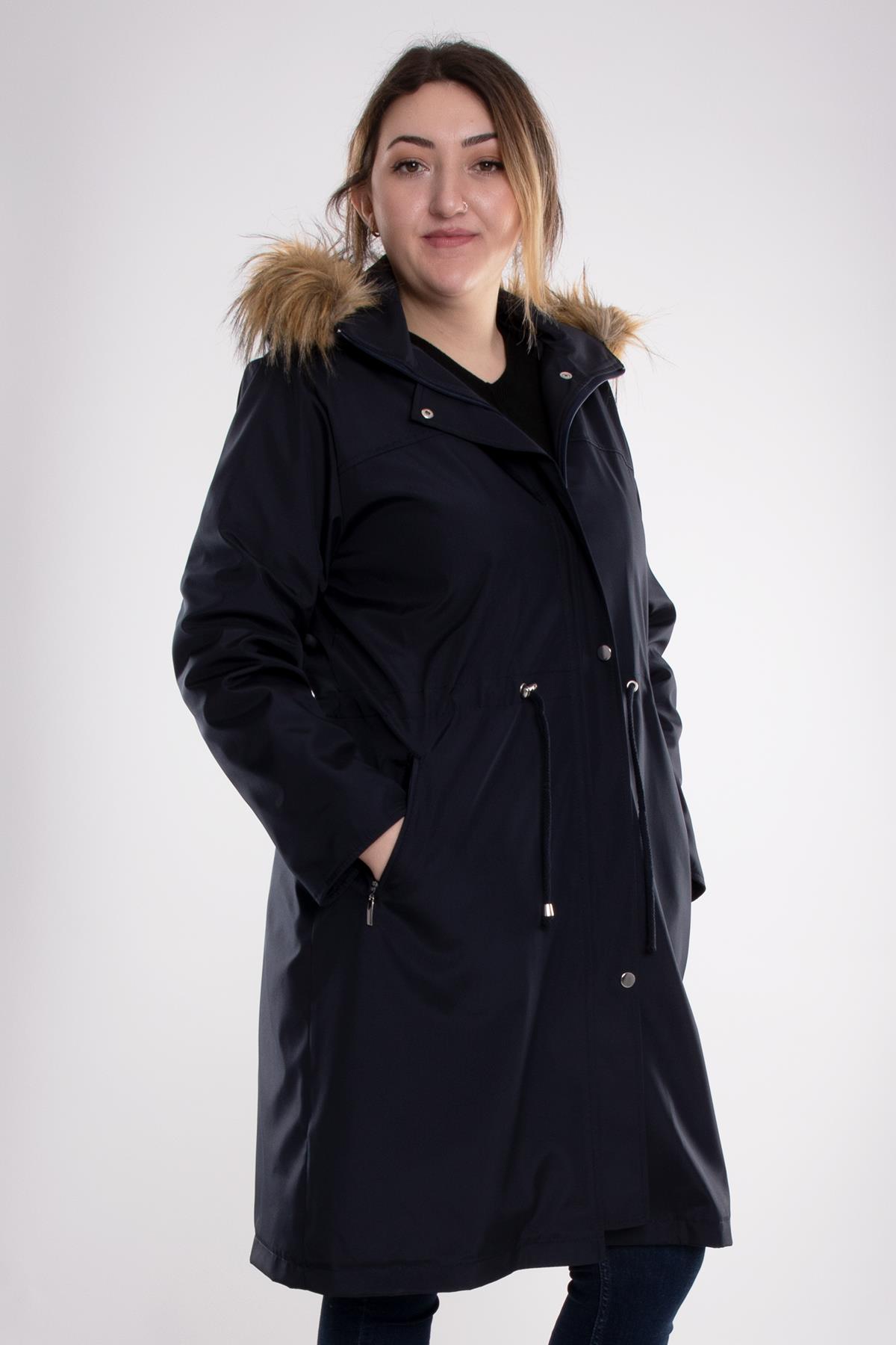 1010 Büyük Beden Kapşonlu Fermuarlı Beli Bağcıklı Uzun Kap